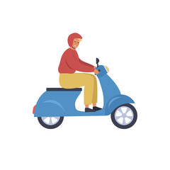 Fototapeta na wymiar Smiling man riding a scooter. The vehicle in the city. Cartoon flat style. Vector illustration