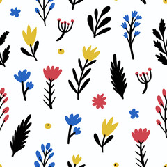 Seamless colorful floral pattern with wild flowers. Simple Scandinavian style. Background design for textile, fabric, greeting cards etc. Vector illustration