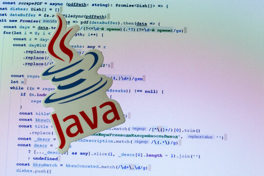 Moscow, Russia - 1 June 2020: Java logo sign with program code on background Illustrative Editorial