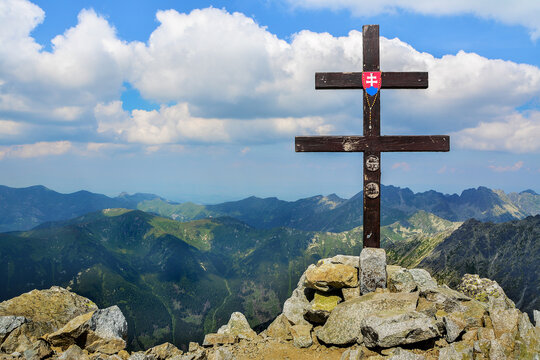 Cross on Krivan peak, Tatra Mountains, Slovakia, beautiful mountain landscape in Carpathians