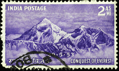 The conquest of Everest celebrated on old indian stamp