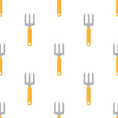 Seamless pattern with cartoon small pitchforks on white background. Gardening tool. Vector illustration for any design.