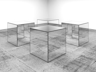 Four mirror cubes stand in white room interior, 3d art