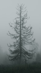 Drzewa we mgle w lesie i na polu.