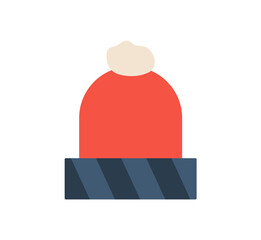 Winter red hat icon flat cartoon style. Warm winter red hat with pompom. Comfortable headgear for cold weather. Isolated flat vector illustration.