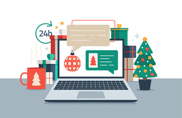 Christmas chatting on laptop. Chat messages on computer online vector illustration, flat cartoon workspace or working desk laptop pc with chatting bubble notifications