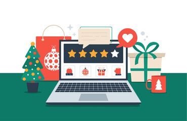 Gift review online on laptop. Christmas shopping and feedback five orange stars flat vector illustration. Office desk with holiday elements