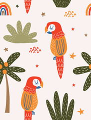 Funny Hand Drawn Tropical Garden Vector Seamless Pattern. Cute Infantile Style Repeatable Print with Lovely Red Parrot, Green Palm Tree, Rainbow and Stars Isolated on a  Beige Background. 