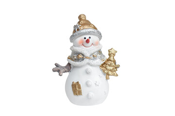 Snowman holding a Christmas tree on a white background. Isolate