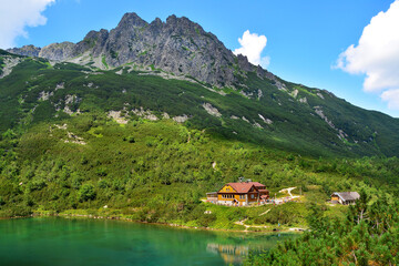 Mountain chalet in Tatra Mountains and lake, Slovakia