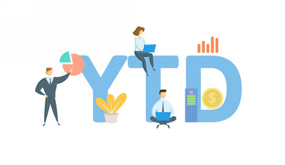 YTD, Year to Date. Concept with keyword, people and icons. Flat vector illustration. Isolated on white background.