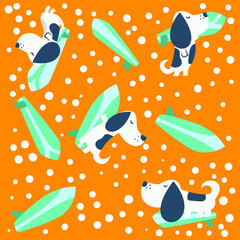 Seamless pattern with cheerful Dachshund dogs on vacations. Surfing the waves. Vector illustration