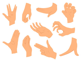 Hands gestures.Vector illustration set hands in different interpretations, showing signal, emotions or signs. Flat design modern concept
