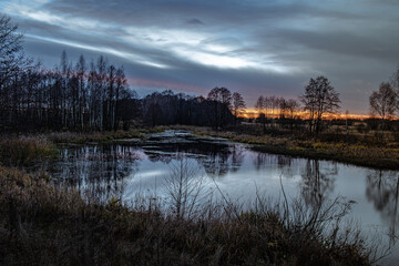 Evening sunset on a forest lake