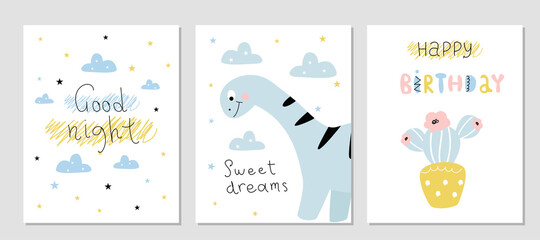 Set of postcards with dinosaurs. Vector illustration with an animal, in a modern cartoon style, for printing on packaging paper, postcard, poster, banner, clothing. Cute children's background.