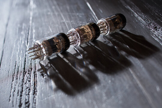 Industrial Macro Closeup of Glass tube transistor vintage electronic parts vacuum chamber	
