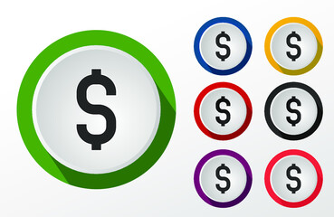 Dollar icon set. flat design vector illustration in 5 colors options for web design