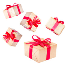 Five boxes of gifts isolated on white background.