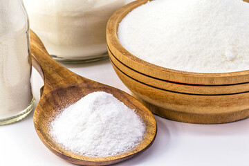 sodium bicarbonate on isolated white background, chemical compound in crystalline powders, used as antacid or yeast