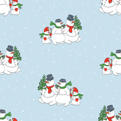 Seamless pattern of family cheerful snowmen walking in christmas