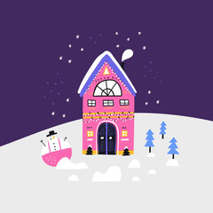Christmas landscape with house flat vector illustration