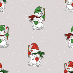 Seamless pattern with small cheerful christmas snowmen