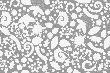 Floral seamless pattern. Grey indian decorative wallpaper. Pattern with paisley and stylized flowers. Design for wrapping paper, cover, fabric, textile, wallpaper, curtains.