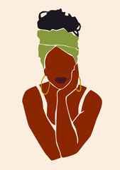 Black afro abstract curly black hair woman in turban wrapping Nubian Headscarf. Girl face portrait with gold earrings.