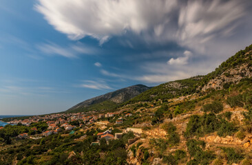 Obraz premium Town of Bol coast aerial view, Island of Brac, Dalmatia, Croatia. August 2020, long exposure picture