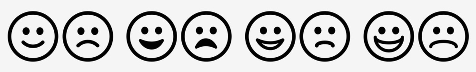 Emoticon Icon Set Black Line | Emoji Faces Vector Illustration Logo | Happy Smiley and Sad Face Emotion Icons Isolated Collection