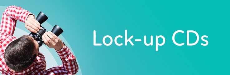Fototapeta premium Lock-up CDs. Man observing with binoculars. Focus on text/word. Panorama format. Blue/turquoise background.