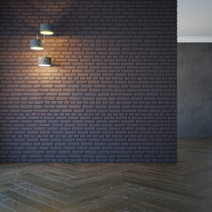 empty room with light and blank brick wall, 3d rendering