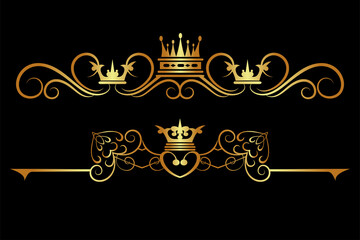 Gold calligraphic elements for your design isolated on black background, royal style, vintage, vector art