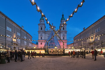 Salzburg, Austria. Christmas market at the Domplatz (Cathedral Square) in front of Salzburg...