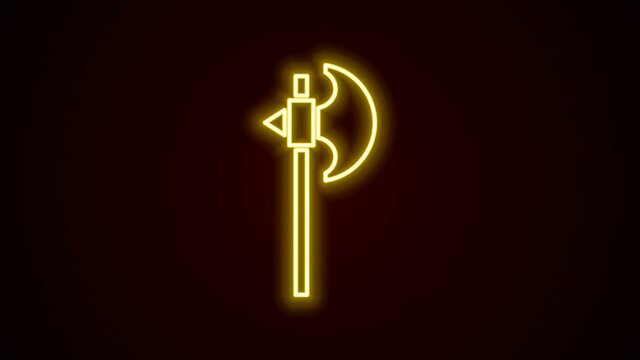 Glowing neon line Medieval axe icon isolated on black background. Battle axe, executioner axe. Medieval weapon. 4K Video motion graphic animation