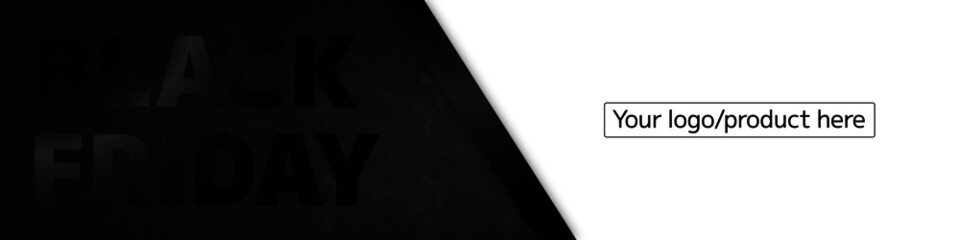 Black Friday 2020, horizontal banner/ website  header. Vector graphic of black shiny 3D letters on dark grey gravelish background with copy space.