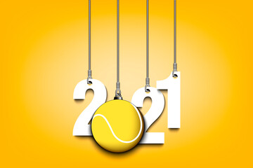 2021 New Year and tennis ball as a Christmas decorations hanging on strings. 2021 hang on cords on an isolated background. Design pattern for greeting card. Vector illustration