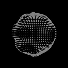 A deformed deflating sphere formed from a sea of dots. An unstable sphere, iridescent with abstract smooth deformations.