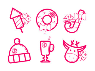 Happy New Year line icons set. 
Fireworks, wreath, candy cane, hat, mulled wine, christmas deer. Vector illustration. Line art. Flat design.