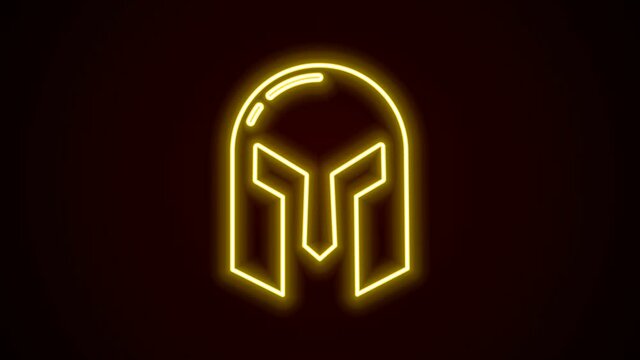 Glowing neon line Medieval iron helmet for head protection icon isolated on black background. 4K Video motion graphic animation