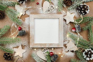 Christmas and Happy New Year zero waste wooden background. Handmade Christmas, top view, copy space. Ecofriendly plastic free concept