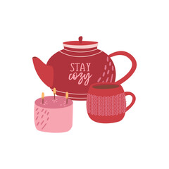 Flat vector cartoon illustration of a teapot, a Cup of tea with a knitted ornament and a burning scented candle isolated on a white background. Stay cozy.