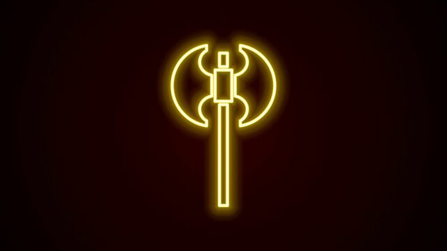 Glowing neon line Medieval axe icon isolated on black background. Battle axe, executioner axe. Medieval weapon. 4K Video motion graphic animation