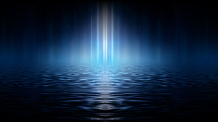 Empty futuristic dramatic scene. Abstract dark landscape, street. Neon light fluid element. Night view, neon blue light. Fantasy background. 3D illustration