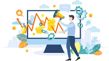 A person works with a schedule. A man with a megaphone explains the schedule. Achieving goal. Modern flat colorful vector illustration.