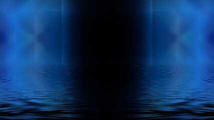 Fototapeta premium Empty futuristic dramatic scene. Abstract dark landscape, street. Neon light fluid element. Night view, neon blue light. Fantasy background. 3D illustration