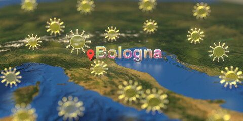 Bologna city and sunny weather icon on the map, weather forecast related 3D rendering © Alexey Novikov