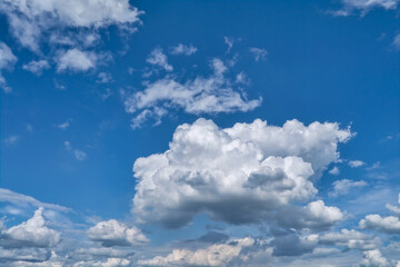 Blue summer sky with white cumulus clouds. Blue sky with clouds nature background.