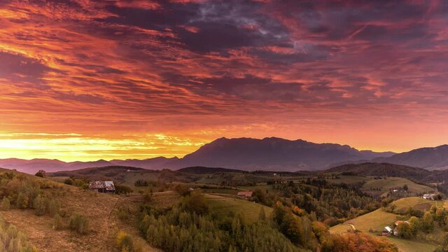 Timelapse  footage over Transylvanian village in Romanian Carpathian mountains , Romania landscape 