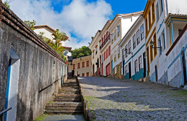Typical street in historical city of Ouro Preto, Minas Gerais, Brazil 